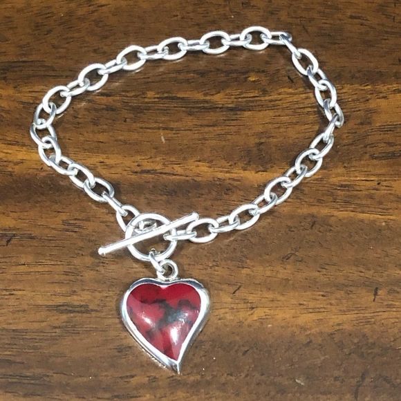 TAXCO Sterling Silver Red Jasper Heart Charm Rolo Bracelet - Picture 5 of 5